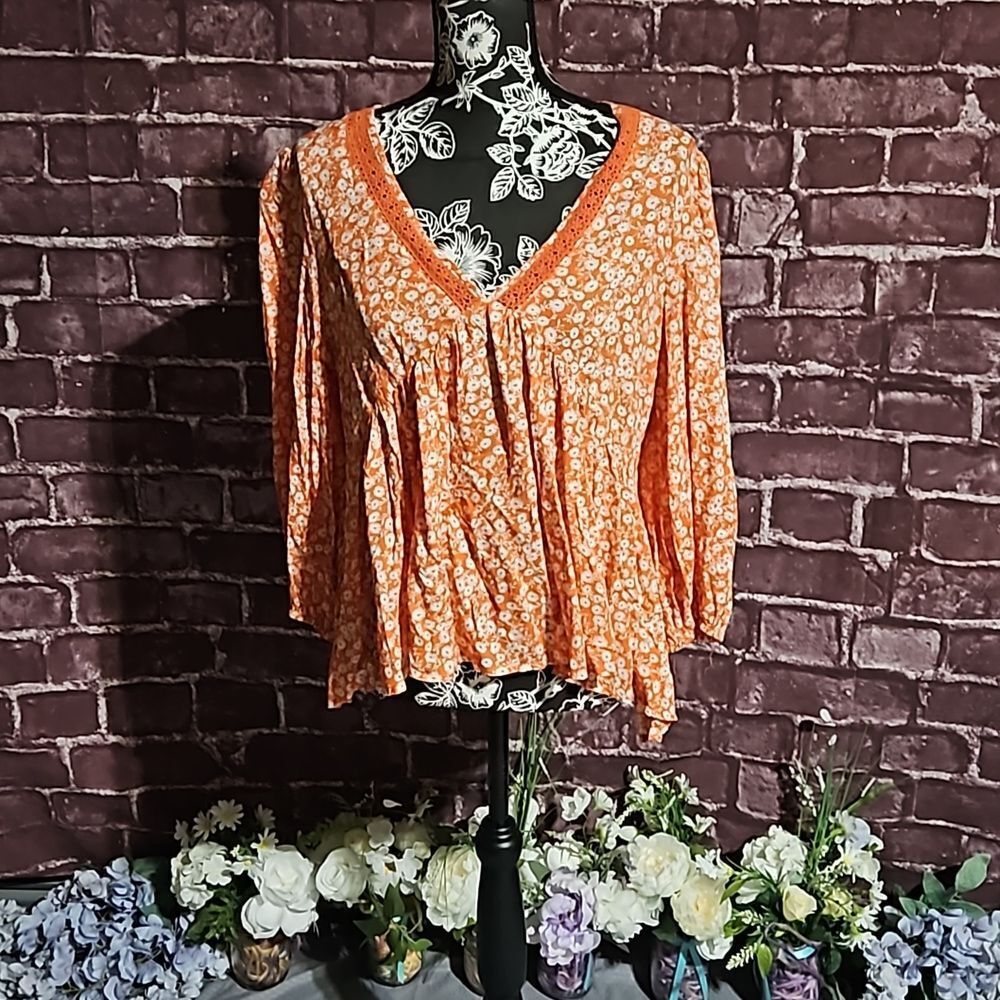 In Loom Orange & White Floral Crochet Detailed Bohemian Style Blouse